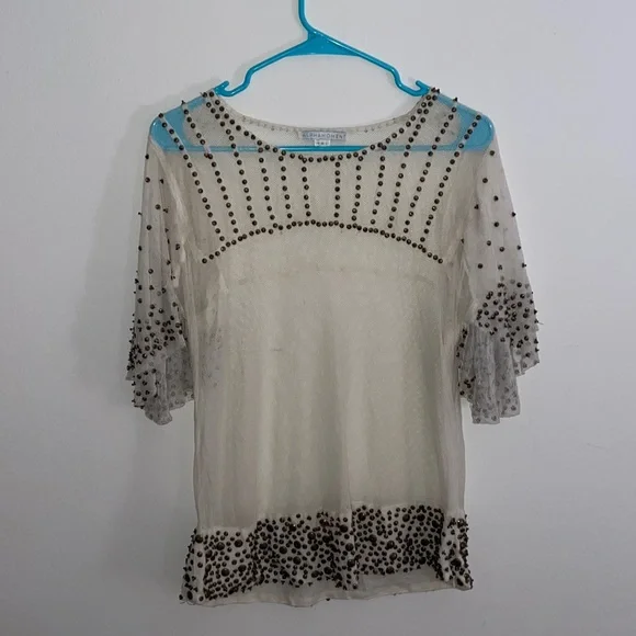 💕 SOLD Anthropologie White Mesh Top with Metal Beading - Picture 2 of 9
